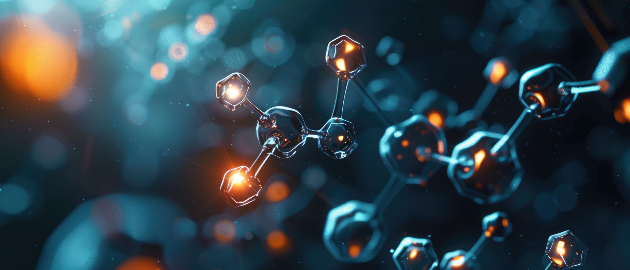 3D render of an organic chemistry reaction with carbon chains illuminated, visualizing molecular interaction close up, chemical processes, realistic, Composite, laboratory setting